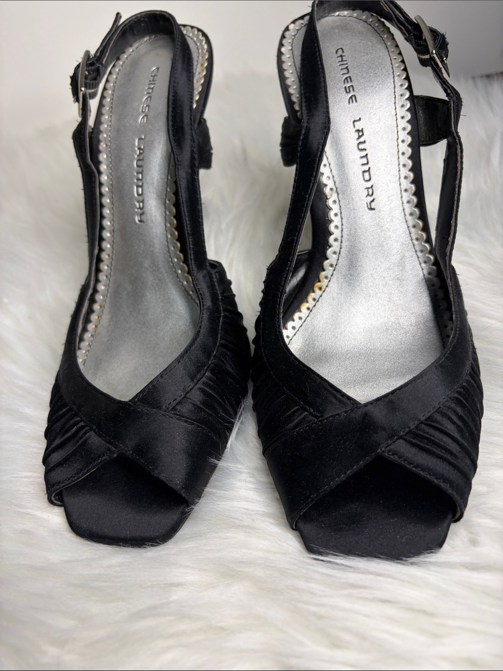 Chinese Laundry Black Satin Peep Toe Slingback Heels Size 8